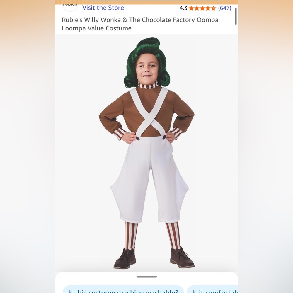 Oompa Loompa Costume with Brown Top and White Overalls plus green wig